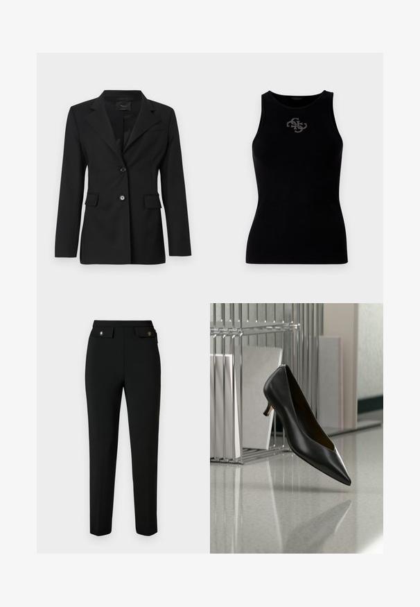 Sort skræddersyet blazer med reverskrave, to forreste lommer og enkelt knaplukning. Fremstillet af glat stof med en struktureret pasform.; Sort ribbet tank top med rund udskæring og et logo prydet med sølvfarvede nitter på forsiden. Blødt, strækbart stof.; Sort skræddersyede bukser lavet af glat stof, med en lige pasform, to forlommer med klapper og detaljer i guldfarvet metal.; Sort læder sko med spids tå og lav hæl, der svæver over en grå plettet gulv, ved siden af en metal filopsamler med mapper.