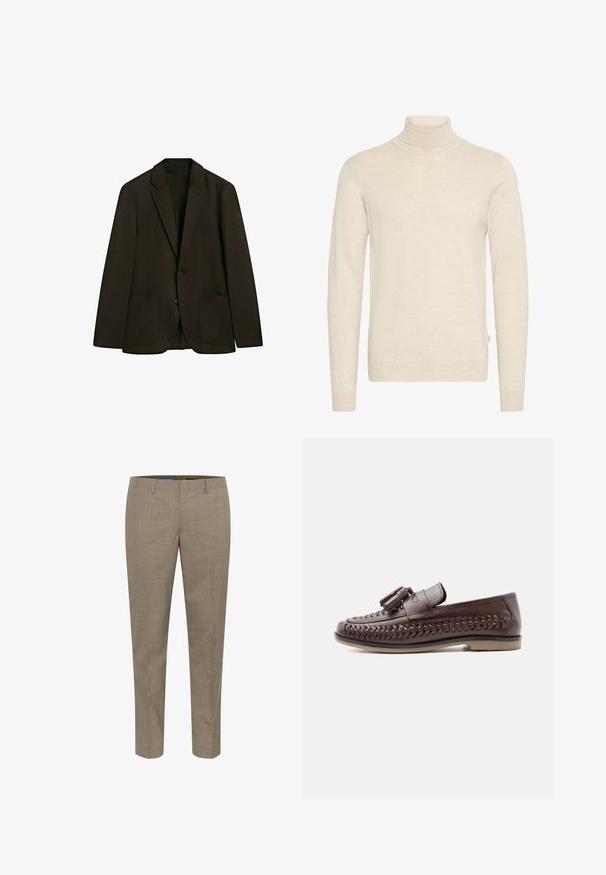 Zwarte enkelsluiting blazer met twee opgestikte voorzakken en notchrengels, weergegeven tegen een witte achtergrond.; Beige coltrui gemaakt van zachte gebreide stof. Heeft lange mouwen en een slim-fit ontwerp, met ribbelboord aan de hals en mouwen.; Beige op maat gemaakte broeken met een subtiel ruitpatroon, rechte pijpen, voorzakken en een gladde stofstructuur.; Bruine leren herenslof met geweven zijdetail, kwastjes bovenop en een beige zool tegen een effen achtergrond.