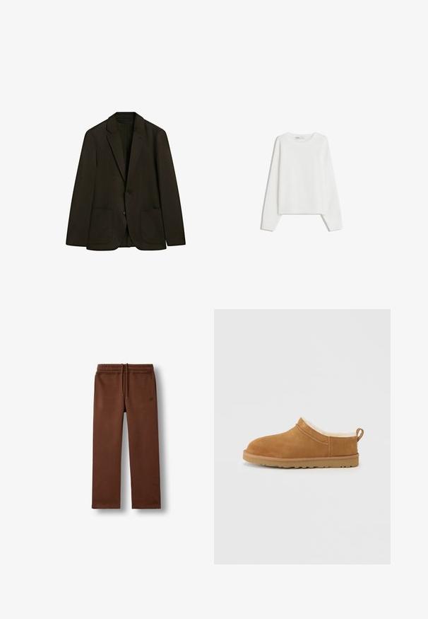 Zwarte enkelsluiting blazer met twee opgestikte voorzakken en notchrengels, weergegeven tegen een witte achtergrond.; Witte gebreide trui met lange mouwen, ronde hals, geribde boorden en zoom. Zachte textuur, losse pasvorm, geen zichtbare patronen of accenten.; Bruine casual joggingbroek met een elastische tailleband en koord, met zijzakken en een klein geborduurd logo op de linkerheup.; Bruine suède instapper met een zachte, witte bontvoering, een afgeronde neus en een rubberen buitenzool met kleine profielpatronen.
