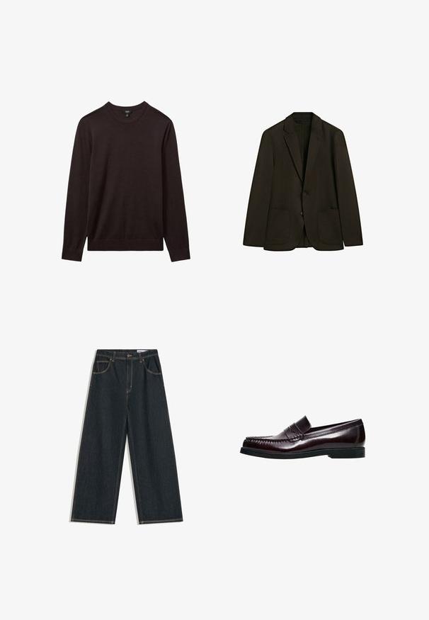 Blazer noir simple boutonnage avec deux poches plaquées à l'avant et revers à cran, présenté sur fond blanc.; Reiss REISS - Pullover - dark bordeaux; Jean large bleu foncé avec bouton à l'avant, fermeture éclair, et design à cinq poches, avec des surpiqûres jaunes visibles.; Mocassins en cuir bordeaux foncé avec un détail cousu et une bride décorative. Semelle plate en caoutchouc noir. Surface lisse et polie.