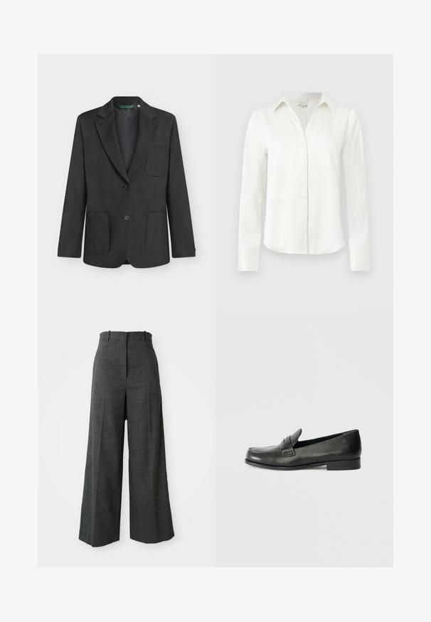 Blazer gris oscuro a medida con solapas de muesca, dos bolsillos parche delanteros, un bolsillo en el pecho y dos botones delante.; Blusa blanca de manga larga con cuello amplio, botones delanteros ocultos y puños abotonados, mostrada sobre un fondo claro y simple.; Pantalones de cuadros grises de pierna ancha con cintura alta, que presentan pliegues frontales, textura vertical y sin hardware ni acentos visibles.; Mocasines de cuero negro con puntera redondeada, detalles de costuras elevadas y un tacón bajo apilado. Textura suave con un brillo sutil.