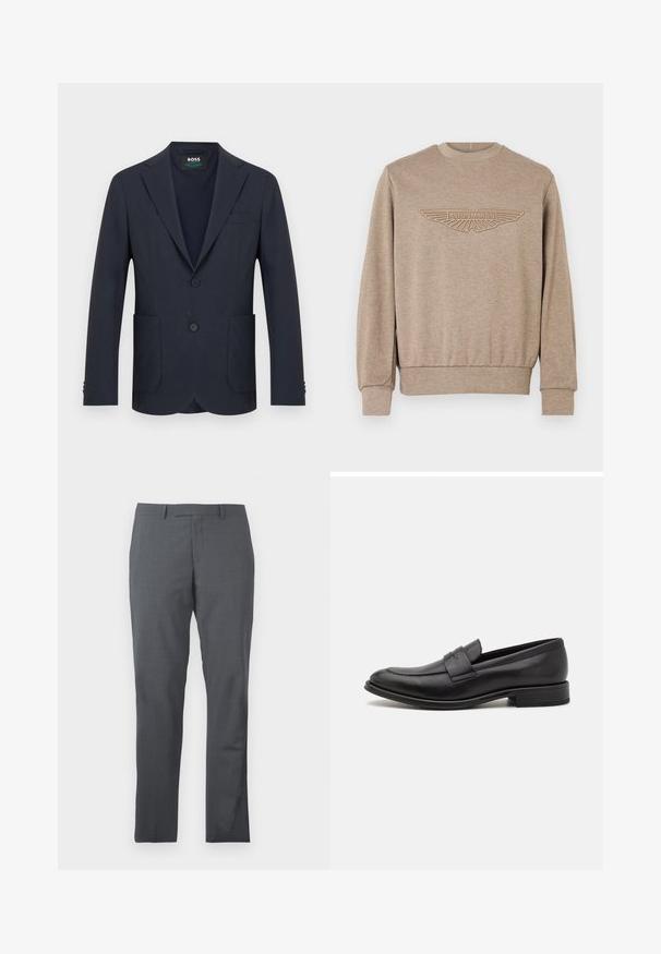 Mørkeblå herreblazer med hakkeslag, to knapper, tre forlommer og en synlig BOSS-label indeni kraven.; Beige crewneck-sweatshirt lavet af struktureret stof med en hævet Aston Martin-logo i en kontrastfarve foran.; Grå dressbukser med et glat, struktureret stof. Slim fit design, flad front og ingen synlige udsmykninger eller lommer.; Sort læderloafer med en glat finish, en dekorativ rem over vristen, rund tå og en lav stablet hæl.