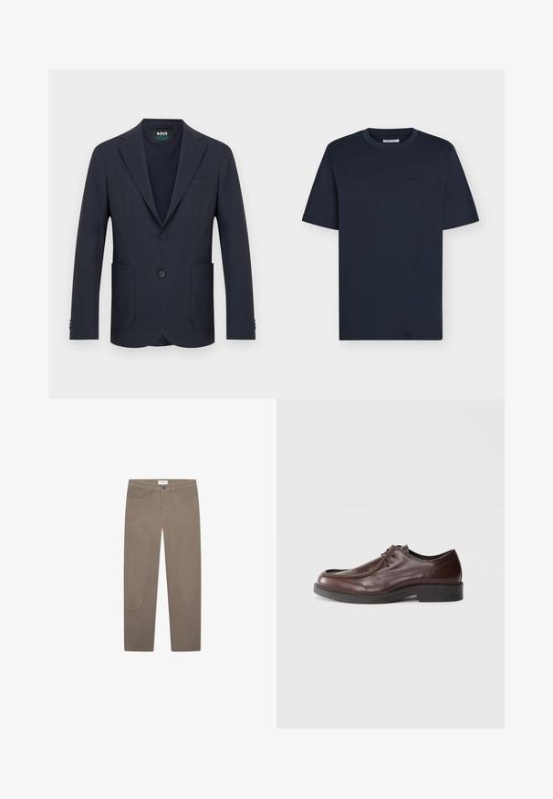 Mørkeblå herreblazer med hakkeslag, to knapper, tre forlommer og en synlig BOSS-label indeni kraven.; Mørkeblå kortærmet t-shirt med rund hals og diskret tekstdetalje på brystet, vist på en enkel lys baggrund.; Brune bukser med lige snit, der har forlommer og accentuerende syninger langs siderne for ekstra detaljer og tekstur.; Brune lædersko med rund tå, minimal syning og en solid sort sål. Har snørelukning og en glat overflade.