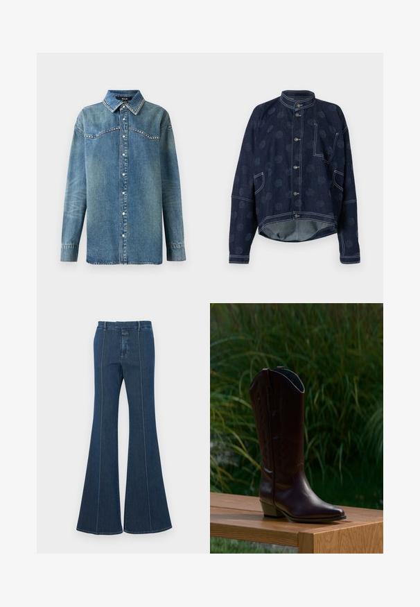 Henrik Vibskov DART JACKET - Spijkerjas - dark blue; Blauwe denim overhemd met lange mouwen, drukknoopsluiting, puntige kraag en strass-details langs de schouderpas en kraagranden.; Donkerblauwe denim flapbroeken, met gestructureerde naden en een schone afwerking. Kenmerkt zich door een middelhoge tailleband en wijde, vloeiende pijpen.; Donkerbruine leren cowboylaars met lage hak, staand op een houten bank buiten met hoge groene gras op de achtergrond.