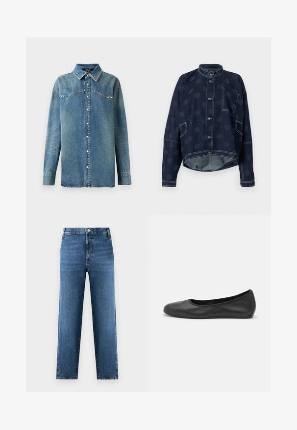 Henrik Vibskov DART JACKET - Spijkerjas - dark blue; Blauwe denim overhemd met lange mouwen, drukknoopsluiting, puntige kraag en strass-details langs de schouderpas en kraagranden.; Blauwe rechte jeans met een hoge taille, gemaakt van denim. Voorzien van een knoop- en ritssluiting aan de voorkant, en subtiele vervaging op de stof.; Zwarte leren ballerina met een ronde neus, gladde textuur, minimale stikdetails en een flexibele zoolontwerp.