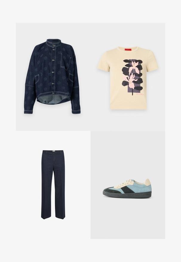 Henrik Vibskov DART JACKET - Jeansjacke - dark blue; Beiges T-Shirt mit kurzen Ärmeln, schwarzem und pinkem Blumen-Print sowie dem "MAX&Co."-Logo unter dem Design.; Dunkelblaue, weite Jeans mit klassischem Taillenbund und Vordertaschen, entworfen für einen bequemen Sitz und vielseitigen Stil.; Niedrigprofi-Sneaker in Hellblau, Dunkelgrün und beigem Wildleder mit schwarzer Sohle und beigen Schnürsenkeln, von der Außenseite gezeigt.