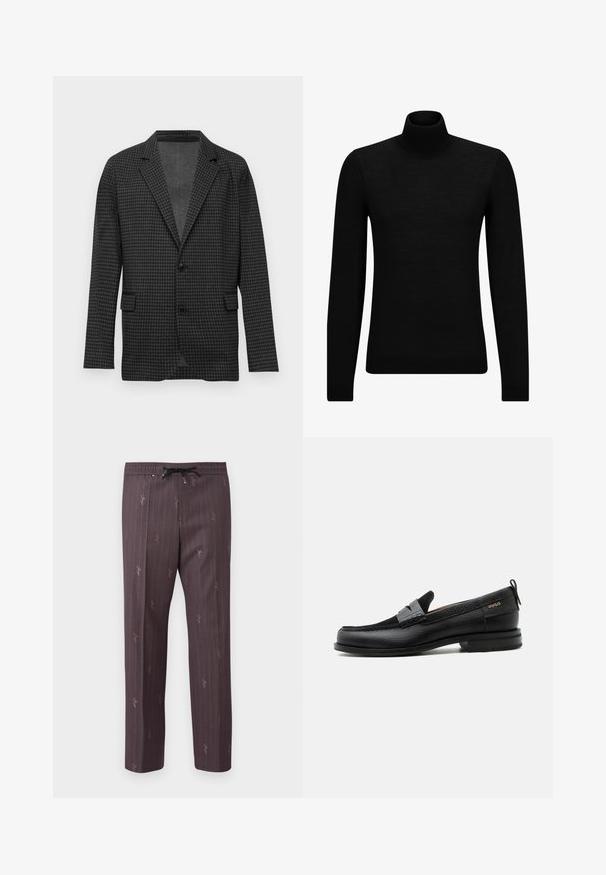 Mørkegrå houndstooth-mønstret blazer med klapslag, to sorte knapper og forlommer, præsenteret på en ensfarvet hvid baggrund.; Sort turtleneck sweater lavet af blødt materiale, med lange ærmer og en tætsiddende pasform. Ribbet trim ved kanten og manchetter. Simpelt design.; Elastisk taljebukser i mørk lilla med lodrette striber og subtile trykte detaljer. Let materiale med en afslappet pasform.; Sort læderloafer med grå remdetalje, lav hæl og tekstureret sål, mærket med "HUGO" i guld på siden.