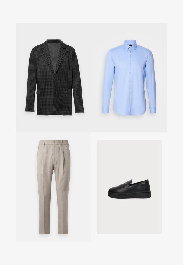 Mørkegrå houndstooth-mønstret blazer med klapslag, to sorte knapper og forlommer, præsenteret på en ensfarvet hvid baggrund.; Lyseblå langærmet skjorte med knaplukning lavet af tekstureret stof, med spidse krave og klassisk knaplukning foran.; Beige skræddersyede bukser med en glat overflade, der har knaplukning, elastisk talje og to forlommer. Lige ben-design.; Sort læder slip-on platform sko med tyk sål og lille gyldent "HUGO" logo nær hælen på en ensfarvet lys baggrund.