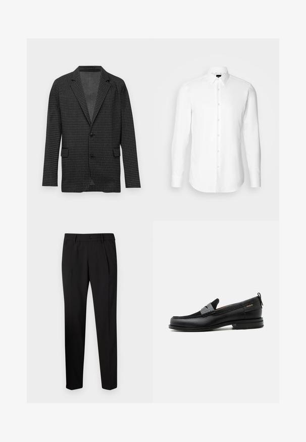 Mørkegrå houndstooth-mønstret blazer med klapslag, to sorte knapper og forlommer, præsenteret på en ensfarvet hvid baggrund.; Hvid skjorte med lange ærmer, knaplukning foran, klassisk krave, lavet af glat stof med en subtil tekstur, designet til et tætsiddende udseende.; Sorte skræddersyede bukser med lige pasform, der har et elastisk talje bånd, en enkelt knap lukning og to frontplisseringer for ekstra detalje.; Sort læderloafer med grå remdetalje, lav hæl og tekstureret sål, mærket med "HUGO" i guld på siden.