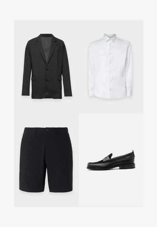 Mørkegrå houndstooth-mønstret blazer med klapslag, to sorte knapper og forlommer, præsenteret på en ensfarvet hvid baggrund.; Hvid langærmet skjorte lavet af glat stof, med en klassisk krave, knaplukning og manchetter med knapper, vist på en ensfarvet baggrund.; Sorte shorts i et tekstureret stof, med knaplukning, bæltestropper og sidelommer; skræddersyet pasform med rene, syede kanter.; Sort læderloafer med grå remdetalje, lav hæl og tekstureret sål, mærket med "HUGO" i guld på siden.