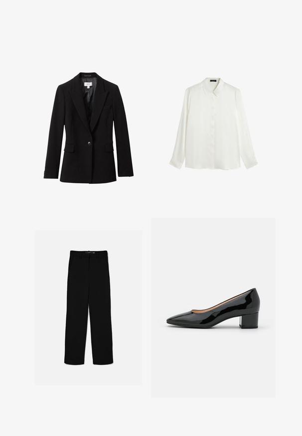 Schwarzer einreihiger Blazer mit Kerb-Revers, zwei vorderen Klappentaschen und einer Brustleistentasche, dargestellt vor weißem Hintergrund.; Weiße Bluse mit langen Ärmeln aus glattem Stoff, klassischem Kragen, durchgehender Knopfleiste und geknöpften Manschetten. Einfaches, minimalistisches Design.; Schwarze gerade geschnittene Hose mit Gürtelschlaufen, Frontreißverschluss und Seitentaschen, flach auf hellem Hintergrund ausgelegt.; Schwarze Lackleder-Pumps mit spitz zulaufender Zehenpartie und Blockabsatz. Glatte Textur mit glänzendem Finish. Minimalistisches Design, keine sichtbaren Verzierungen.