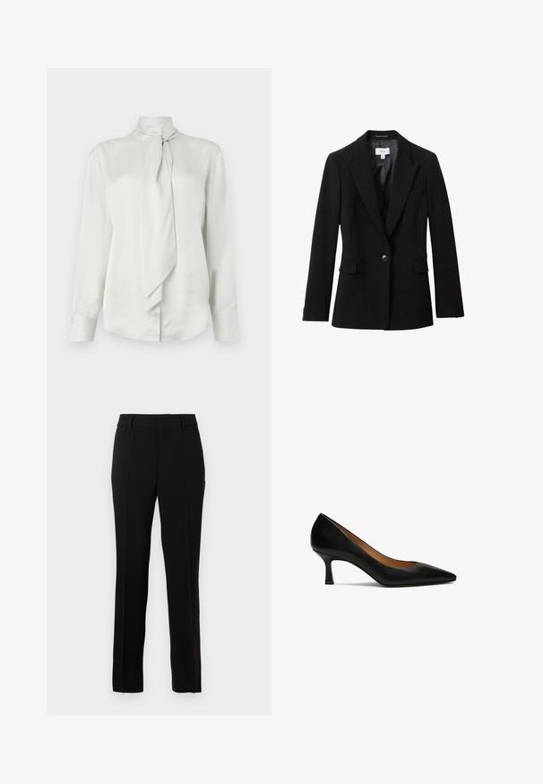 Sort enkelt-knaps blazer med notch revers, to forlommer med klap og en brystlomme med kant, vist på en hvid baggrund.; Hvid langærmet bluse med høj krave og en foran knyttet tørklæde-detail, fremstillet af et glat satinlignende stof.; Sorte skræddersyede bukser lavet af et glat materiale, med lige snit, pressefolder, bæltesløjfer og lynlås til lukning.; Sorte læderpumpe med spids tå og medium stiletthæl. Glat tekstur med en klassisk silhuet. Ingen dekorationer eller mønstre.
