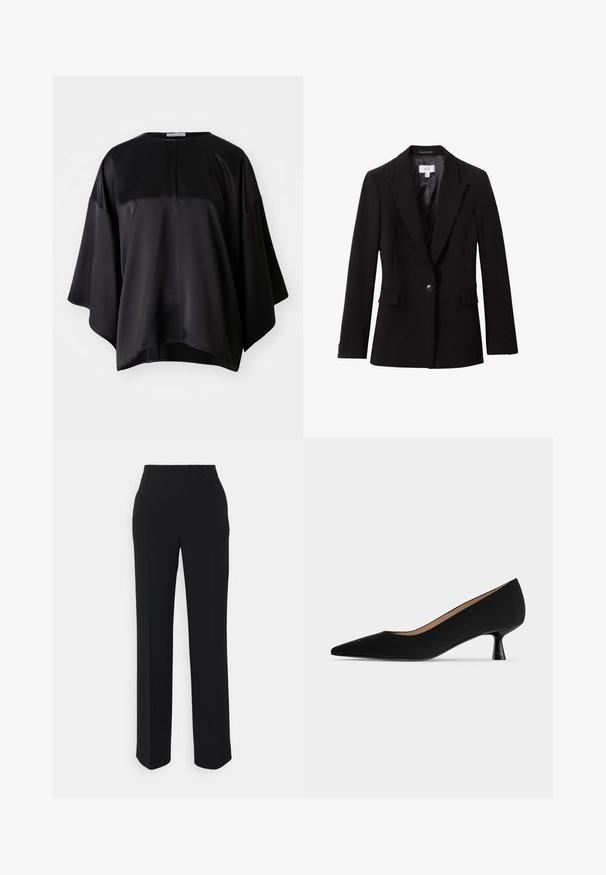Blazer noir à un bouton, avec revers crantés, deux poches avant à rabat et une poche poitrine passepoilée, présenté sur fond blanc.; Top en satin noir à coupe décontractée, avec un col rond, des manches larges et une fermeture éclair discrète au dos. Texture lisse et design minimal.; Pantalons noirs à jambes droites avec une texture lisse. Dotés d'une taille et sans motifs ou accents visibles. Design classique et ajusté.; Escarpin noir pour femme à talon bas, bout pointu, talon kitten fin et évasé avec finition mate lisse, vu de profil.