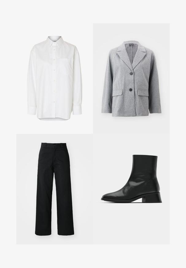 Blazer gris hecho de tejido con patrón de espiga, que presenta un cuello con muescas, dos bolsillos frontales y dos botones negros.; Camisa blanca de manga larga con botones, cuello puntiagudo y bolsillo en el pecho, mostrada sobre un fondo liso.; Pantalones de pierna ancha negros con un frente plano, cierre de botón y pasadores para cinturón. Hechos de una tela duradera con una textura suave.; Botín negro de tobillo hecho de cuero brillante, con un diseño elegante, punta afilada y un tacón bloque moderado para mayor estabilidad.