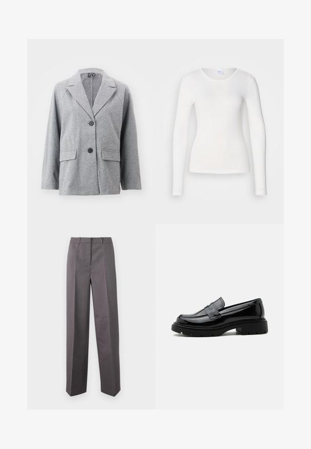 Gray blazer made of herringbone patterned fabric, featuring a notched collar, two front pockets, and two black buttons.; White long-sleeve shirt made of a soft, smooth fabric; features a round neckline and a fitted shape, with no patterns or embellishments.; Gray tailored trousers made of textured fabric, featuring a straight-leg design, flat front, and belt loops.; Black shiny leather loafer with chunky lug sole and penny strap, shown in side profile on plain white background.