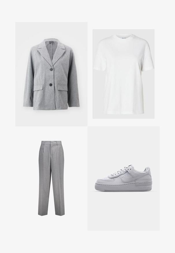 Blazer gris hecho de tejido con patrón de espiga, que presenta un cuello con muescas, dos bolsillos frontales y dos botones negros.; Camiseta de algodón blanca con mangas cortas y escote redondo. Presenta un corte relajado y un diseño minimalista sin patrones ni acentos.; Pantalones a rayas grises con un corte ajustado, que presentan un diseño de pierna recta, bolsillos laterales y una tela texturizada.; Zapatilla Nike Air Force 1 gris con puntera perforada, parte superior de cuero suave, suela gruesa y detalle en relieve 'AIR' en el talón.