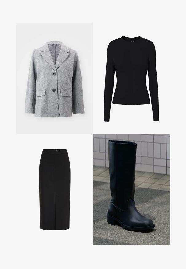Blazer gris hecho de tejido con patrón de espiga, que presenta un cuello con muescas, dos bolsillos frontales y dos botones negros.; Camiseta ajustada de mujer de manga larga negra con escote redondo, tela lisa y sin patrones o adornos visibles.; Falda lápiz midi negra de cintura alta con una abertura frontal y cremallera oculta sobre un fondo blanco.; Bota alta negra de cuero con tacón bajo y grueso que está sobre la acera cerca de una pared con azulejos de fondo.