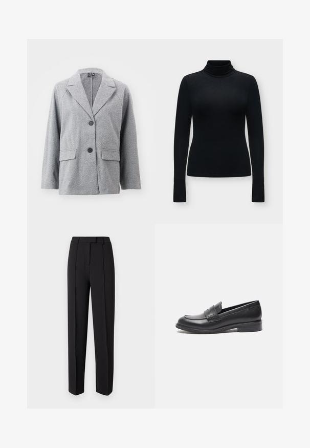 Blazer gris hecho de tejido con patrón de espiga, que presenta un cuello con muescas, dos bolsillos frontales y dos botones negros.; Jersey ajustado negro de manga larga y cuello alto, con textura suave y diseño sencillo, mostrado sobre un fondo gris claro.; Pantalones negros a medida con una textura suave, que presentan un corte recto, trabillas para cinturón y dos pinzas delanteras para un detalle adicional.; Mocasines de cuero negro con un acabado suave, punta redondeada y detalle de costura lateral. Presentan un tacón bajo y rectangular.