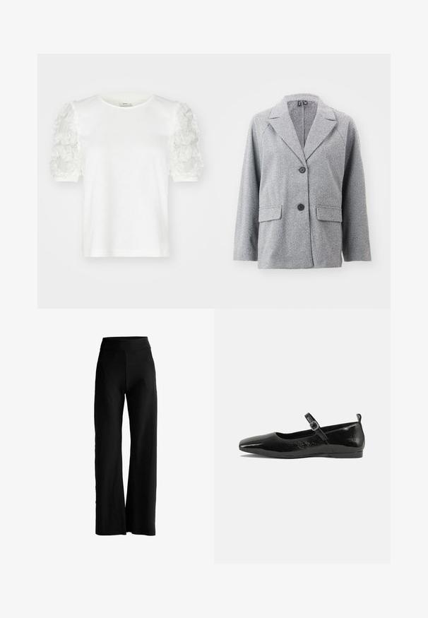 Blazer gris en tissu à motif de chevrons, doté d'un col cranté, de deux poches avant et de deux boutons noirs.; T-shirt blanc à manches courtes avec des détails en appliqué floral sur les manches, doté d'un col rond et en tissu en coton doux.; Pantalons larges noirs à taille haute, sans poches visibles ni embellissements, présentés sur un fond blanc.; Chaussure plate en cuir verni noir avec un bout pointu, une sangle de cheville avec boucles, et une texture lisse et brillante. Talon bas pour le confort.