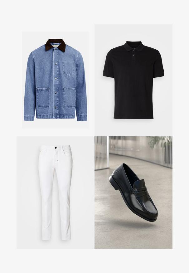 Blauwe spijkerjas met donkerbruine ribfluwelen kraag, drie drukknoopsluitingen aan de voorkant en drie vierkante opgestikte zakken.; Zwart poloshirt van katoen, met een klassieke kraag, een twee-knopenbies, korte mouwen en een geborduurd logo op de borst.; Witte denim jeans met een rechte pijpdesign, klassieke vijf-pocket stijl, metalen knoopsluiting en subtiele stikseldetails.; Zwarte leren loafers met een gladde afwerking, een afgeronde neus, decoratieve stiksels en een licht verhoogde zool.