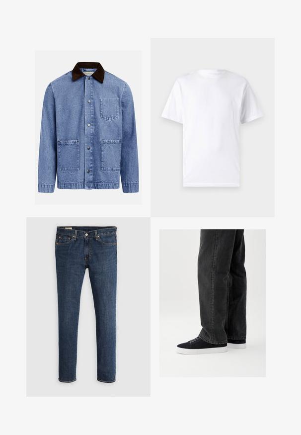 Blaue Jeansjacke mit dunkelbraunem Kordkragen, drei vorderen Druckknöpfen und drei quadratischen aufgesetzten Taschen.; Weißes kurzärmeliges T-Shirt aus Baumwolle mit Rundhalsausschnitt, das eine glatte Textur und ein einfaches Design ohne Muster oder Akzente aufweist.; Dunkelblaue Denim-Jeans mit geradem Bein. Ausgestattet mit Reißverschluss, fünf Taschen und kontrastierenden orangefarbenen Nähten.; Schwarze Jeans aus Denim mit lockerem Schnitt, kombiniert mit marineblauen Wildleder-Sneakern mit weißen Gummisohlen und schwarzen Schnürsenkeln. Einfaches und modernes Design.