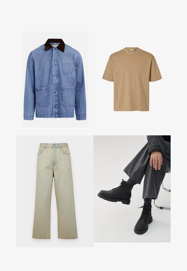 Chaqueta azul de mezclilla con cuello de pana marrón oscuro, tres botones de presión frontales y tres bolsillos cuadrados con parche.; Camiseta de manga corta color canela con cuello redondo, ajuste relajado y diseño sencillo, mostrada sobre un fondo blanco.; Jeans de pierna ancha de color azul claro, fabricados en denim con un acabado desgastado. Cuenta con cinco bolsillos y un cierre frontal de botón.; Persona sentada con las piernas cruzadas con botas negras con cordones, calcetines oscuros, pantalones grises de pierna ancha y un suéter oscuro con textura acanalada sobre fondo blanco.