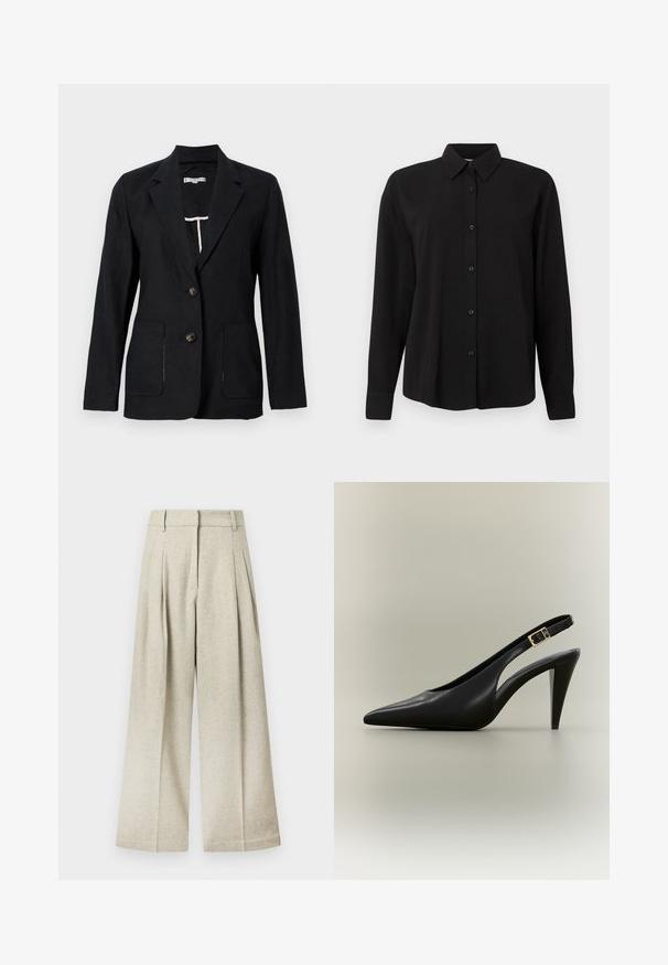 Blazer noir simple boutonnage avec revers en cranté, deux poches avant et deux boutons, présenté sur un fond gris clair uni.; Chemise noire à manches longues avec col pointu, dotée d'une coupe droite, d'une texture lisse et de boutons noirs contrastants.; Pantalon à jambes larges en tissu gris clair avec une finition texturée, présentant des plis à l'avant et une ceinture plate, sans poches visibles.; Escarpin à bride arrière en cuir noir avec bout pointu, boucle dorée et talon effilé sur un fond neutre.