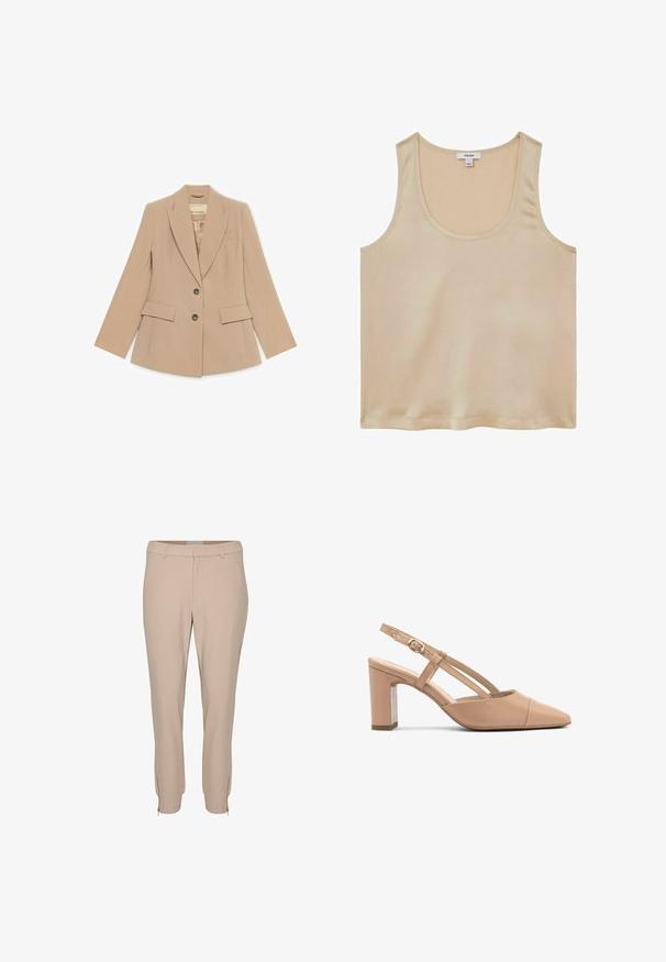 Beige op maat gemaakte blazer met inkeping revers, twee klepzakken aan de voorkant, twee knopen en een borstzak met paspel, plat uitgestald op een witte achtergrond.; Reiss REGULAR FIT - Blouse - neutral; Beige maatwerkbroek met een slim fit, voorzien van zijzakken en ritssluitingen aan de zoom, gemaakt van een soepele, lichte stof.; Beige leren slingback hakken met een spitse neus, blokhak en riem met een kleine gouden gesp. Gladde textuur, minimalistisch ontwerp.