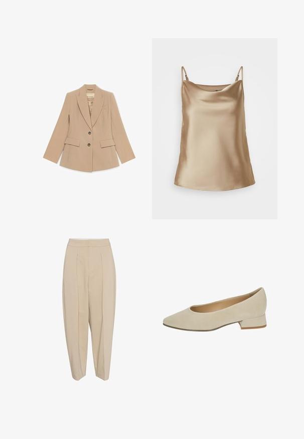 Blazer beige a medida con solapas con muesca, dos bolsillos delanteros con solapa, dos botones y un bolsillo de ojal en el pecho, colocado sobre un fondo blanco.; Camisón de satén en beige claro con tirantes finos y un escote suavemente drapeado, que presenta una textura suave y brillante.; Pantalones beige entallados con cintura alta, frente plisado y pierna ajustada. La tela parece suave con un sutil brillo. Sin bolsillos visibles.; Zapato de salón de ante beige con tacón bajo y punta puntiaguda, con un pequeño tacón cuadrado. Textura lisa sin patrones ni adornos visibles.