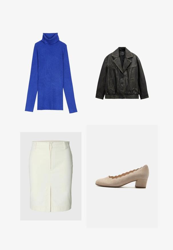Schwarze Kunstlederjacke mit breiten Revers, Knopfleiste, zwei Klapp-Brusttaschen, zwei Seitentaschen und elastischem Saum.; Königsblaues, geripptes Rollkragensweatshirt aus strukturiertem Stoff mit langen Ärmeln und umgeschlagenem Kragen, das ein schlankes Design aufweist.; Weißer knielanger Rock mit Frontreißverschluss, tailliertem Gürtel und einem zentralen Schlitz vorne.; Beiger Wildleder-Pumps mit niedrigem Absatz, wellenförmigen Rändern und abgerundeter Spitze, von der Seite auf weißem Hintergrund gezeigt.