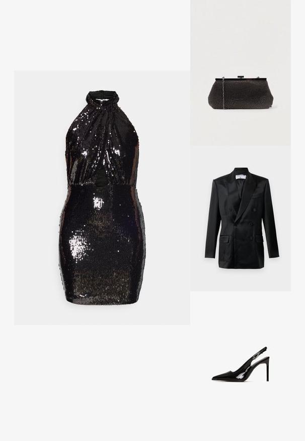 Sort satin dobbeltbrystet blazer med spidse klapkraver, fire knapper, to klaplommer og en brystlomme, mærket "Filippa K."; Sort halterneck kjole dækket med palietter, med en udskæring i taljen, tætsiddende facon og glat bagkant.; Sort patentlæder slingback hæl med spids tå og stiletto hæl. Har et udsnit design og justerbar rem med metalhardware.; Sort mesh clutch-taske med en struktureret silhuet, prydet med små metalstuds, har en låsemekanisme og en aftagelig kæderekke.