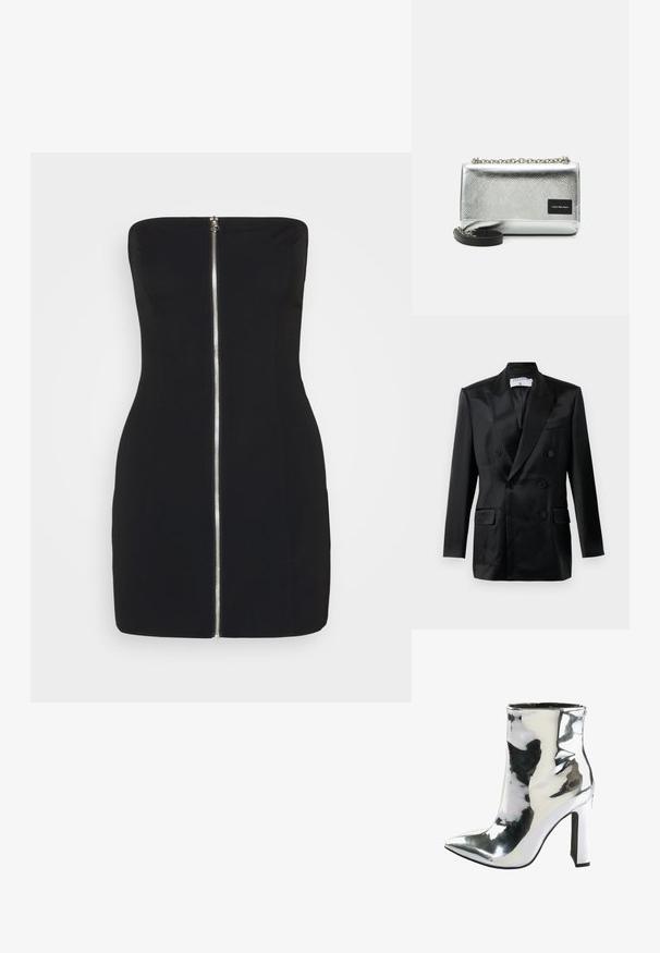 Blazer de satén negro de corte cruzado con solapas en pico, cuatro botones, dos bolsillos con solapa y un bolsillo en el pecho, etiquetado "Filippa K."; Weekday KLARA MINI TUBE DRESS - Vestido de cóctel - black; Botín de charol plateado hasta el tobillo con puntera afilada, tacón alto grueso y cremallera lateral, con una textura suave y brillante.; Calvin Klein Jeans SCULPTED FLAP - Bolso de mano - metallic