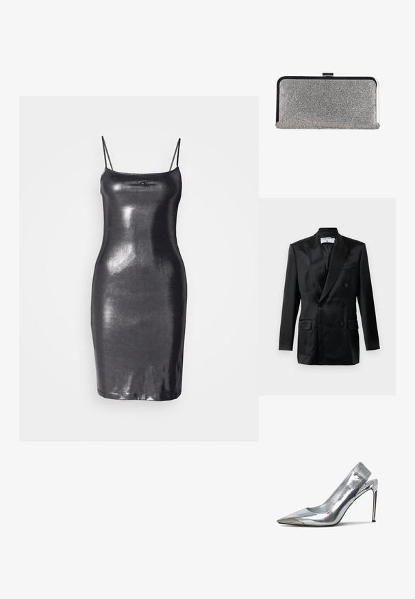 Sort satin dobbeltbrystet blazer med spidse klapkraver, fire knapper, to klaplommer og en brystlomme, mærket "Filippa K."; Sort, ærmeløs bodycon kjole lavet af skinnende, reflekterende materiale. Den har tynde stropper og en lige kant. Logo-detalje på fronten.; Sølv slingback højhælede sko med spids tå og metallisk finish. Har et strømlinet design og minimalistiske detaljer på hælen.; Rektangulær sølv clutch-pung dækket med små rhinsten med en sort og sølv metalramme og låsebeslag.