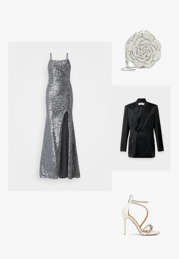 Blazer de satén negro de corte cruzado con solapas en pico, cuatro botones, dos bolsillos con solapa y un bolsillo en el pecho, etiquetado "Filippa K."; Vestido de noche plateado con lentejuelas, tirantes finos, corsé ajustado y abertura alta en el muslo. Forro negro suave por debajo.; Sandalia de tacón alto blanca con brillantes tiras plateadas, punta abierta y cierre de cremallera en la parte trasera. Textura suave, diseño elegante y tacón puntiagudo.; Clutch redondo plateado con forma de rosa, completamente incrustado con cristales transparentes, y con una correa de cadena plateada.