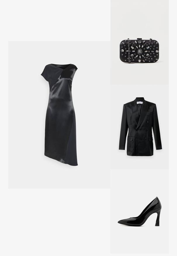 Blazer noir en satin à double boutonnage avec des revers en pointe, quatre boutons, deux poches à rabat et une poche poitrine passepoilée, étiqueté "Filippa K."; Calvin Klein NAIA SHINE MIDI DRESS - Robe de soirée - black; Escarpin en cuir verni noir à talon haut, avec un bout pointu et un talon bloc, présentant un accent logo. Texture de surface lisse et brillante.; Pochette noire de forme rectangulaire, ornée de divers strass disposés en motifs floraux, dotée d'une chaîne en argent pour le transport.