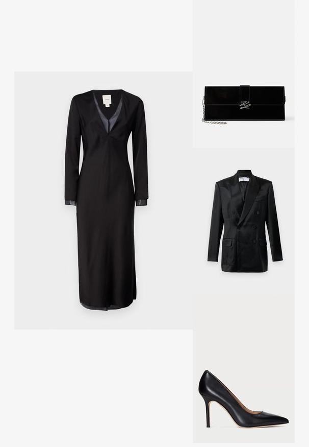 Schwarze Satin-Doppelreiher-Jacke mit Spitzlappen, vier Knöpfen, zwei aufgesetzten Taschen und einer Brusttasche, gekennzeichnet mit "Filippa K."; Schwarzes Langarmkleid aus glattem Stoff, mit tiefem V-Ausschnitt, Satinakzenten am Kragen und seitlichen Schlitzen für mehr Bewegungsfreiheit.; Schwarze Leder-Pumps mit hohem Absatz, spitzem Schuhkopf und schlankem Stiletto-Absatz. Die glatte Textur und die minimalen Details verleihen ein klassisches Design.; Glänzende schwarze rechteckige Clutch mit silbernem Kettenriemen und silberner, ineinander verschlungener Initial-Schließe an der vorderen Klappe.