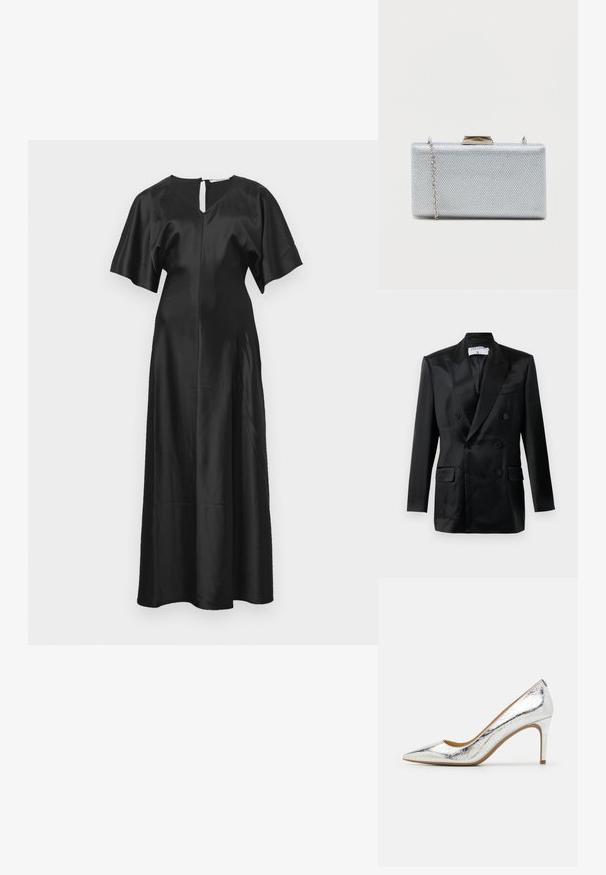 Blazer noir en satin à double boutonnage avec des revers en pointe, quatre boutons, deux poches à rabat et une poche poitrine passepoilée, étiqueté "Filippa K."; Robe en satin noir avec une silhouette décontractée, des manches courtes évasées et une ouverture en trou de serrure dans le dos ; présente une texture lisse et brillante.; Chaussure à talon aiguille argentée métallique à bout pointu, présentant une texture lisse, un talon de 10 cm et un motif plissé subtil sur la surface.; Clutch rectangulaire en argent fabriqué en tissu métallique texturé, avec une fermeture à fermoir et une chaîne amovible pour le transport.
