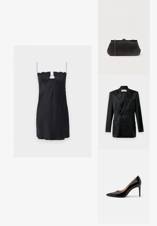 Blazer noir en satin à double boutonnage avec des revers en pointe, quatre boutons, deux poches à rabat et une poche poitrine passepoilée, étiqueté "Filippa K."; Mini-robe noire avec un buste structuré en forme de coquillage, fines bretelles spaghetti et une découpe en forme de trou de serrure sous le décolleté.; Escarpin en cuir verni noir à talon haut avec bout pointu et talon aiguille, présenté de profil sur un fond blanc uni.; Pochette noire en mesh avec une silhouette structurée, ornée de petits clous métalliques, dotée d'une fermeture à clip et d'une bandoulière en chaîne détachable.