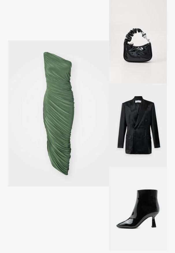 Zwarte satijnen dubbelbreasted blazer met puntsla lapels, vier knopen, twee klepzakken en een borstzak, gelabeld "Filippa K."; Groene, een-schouder jurk van geplooide, gestructureerde stof, met een aansluitende silhoët die naar de zoom toe vloeit.; Zwarte glanzende lakleren enkellaars met spitse neus en uitlopende middelhoge hak op witte achtergrond.; Zwarte, glanzende handtas van patenten materiaal met een gerimpelde handgreep, zilverkleurige hardware, ronde vorm, ritssluiting en een gladde, glanzende textuur.