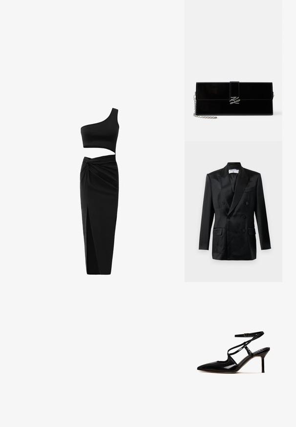 Zwarte satijnen dubbelbreasted blazer met puntsla lapels, vier knopen, twee klepzakken en een borstzak, gelabeld "Filippa K."; Zwart twee-delig outfit met een één-schouder crop top en hoge taille rok met een gedraaide detail en een zijsplit. Glad materiaal.; Zwarte lakleren hoge hak met spitse neus, enkelbandje en uitgesneden ontwerp; beschikt over een stilettohak en een gladde oppervlakte.; Glanzende zwarte rechthoekige clutch met zilveren kettingriem en zilveren, in elkaar verstrengelde initialen sluiting op de voorklep.