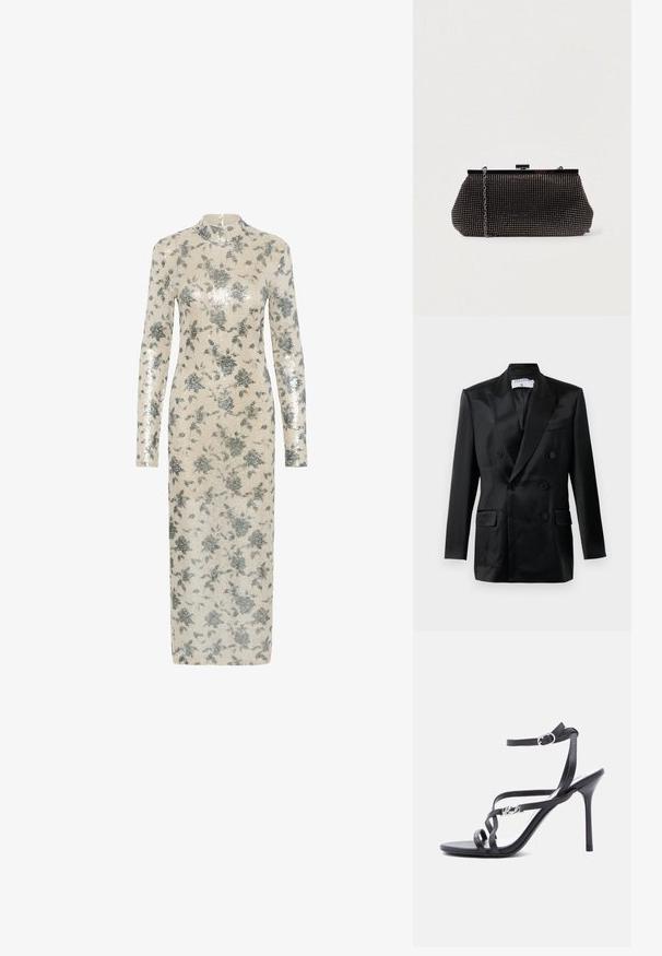 Blazer noir en satin à double boutonnage avec des revers en pointe, quatre boutons, deux poches à rabat et une poche poitrine passepoilée, étiqueté "Filippa K."; Robe à manches longues en crème avec des sequins floraux métalliques argentés, encolure haute et silhouette droite, arrivant au milieu du mollet. Fermeture éclair au dos.; Sandale à talon noir avec fines lanières, boucle à la cheville et détail logo en métal sur la lanière latérale, sur fond blanc.; Pochette noire en mesh avec une silhouette structurée, ornée de petits clous métalliques, dotée d'une fermeture à clip et d'une bandoulière en chaîne détachable.