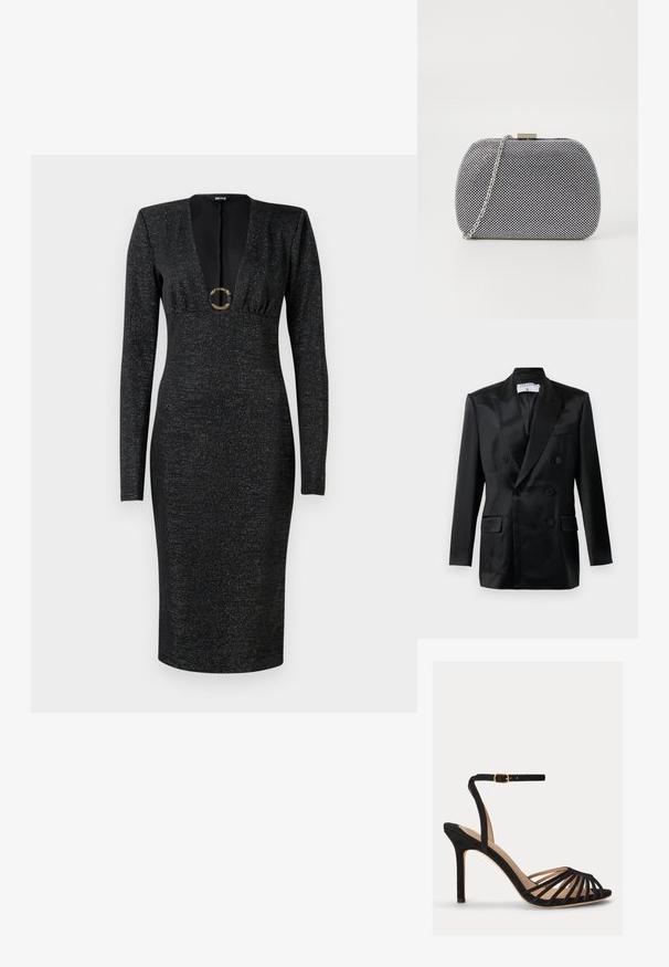Sort satin dobbeltbrystet blazer med spidse klapkraver, fire knapper, to klaplommer og en brystlomme, mærket "Filippa K."; Sort langærmet tætsiddende midi-kjole med dyb V-udskæring, rynket buste, subtil glitrende stof og dekorativt rundt guldbælte i midten.; Sort højhælet sandal med åben tå, flere tynde frontstropper og en justerbar ankelrem med en guldbøjle.; Sorte og hvide teksturerede clutch-taske med rund form, sølvfarvet kædetrækt, og en metalspænde på toppen.