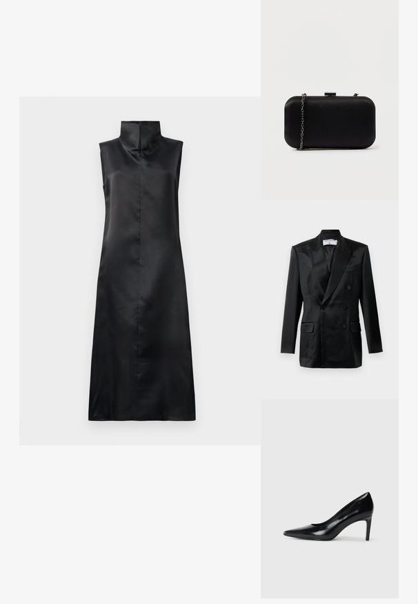 Zwarte satijnen dubbelbreasted blazer met puntsla lapels, vier knopen, twee klepzakken en een borstzak, gelabeld "Filippa K."; Zwarte satijnen mouwloze jurk met een hoge kraag, een gladde textuur en een rechte, enkellange silhouet. Minimalistisch ontwerp zonder versieringen.; Zwarte leren hoge hak met een spitse neus, een gladde textuur en een tapse hak. Minimalistisch ontwerp, geen extra versieringen.; Zwarte rechthoekige clutch van glad materiaal. Beschikt over een afneembare kettingriem en een metalen vergrendeling bovenop. Eenvoudig ontwerp met afgeronde hoeken.
