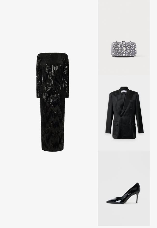 Schwarze Satin-Doppelreiher-Jacke mit Spitzlappen, vier Knöpfen, zwei aufgesetzten Taschen und einer Brusttasche, gekennzeichnet mit "Filippa K."; Schwarz mit Pailletten verzierter Kleid mit langen Ärmeln, schulterfreier Ausschnitt und gerader Silhouette; verfügt über eine strukturierte, schimmernde Oberfläche.; Schwarze Lacklederpumps mit spitzer Zehenpartie und schlankem Stiletto-Absatz. Glatte Textur mit glänzender Oberfläche und minimalistischem Design.; Kleine rechteckige dunkelgraue Clutch, verziert mit klaren Strasssteinen in einem strahlenförmigen Muster und einem silbernen Kettenriemen.