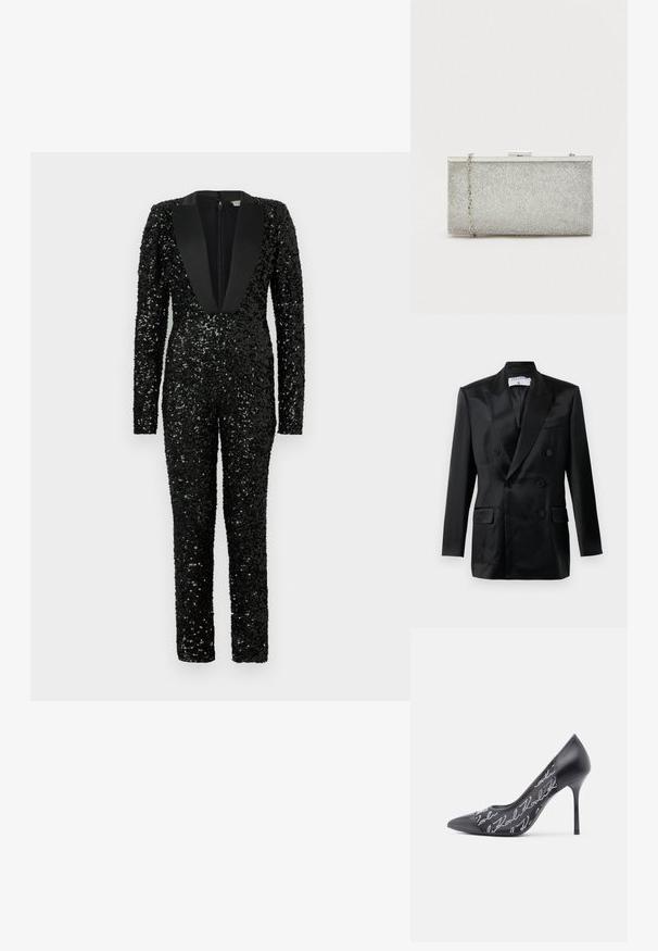 Sort satin dobbeltbrystet blazer med spidse klapkraver, fire knapper, to klaplommer og en brystlomme, mærket "Filippa K."; Sort helsætsdragt dækket af skinnende paljetter med lange ærmer og bred satinflipkrave.; Sort spids tå højhælet sko med en glinsende finish, der har transparente netpaneler på siderne pyntet med sølvperlede mønstre og en slank silhuet.; Sølvmetallic clutch taske med en struktureret mesh-overflade, rektangulær form og en aftagelig kædestrop. Har en metaliske lås.