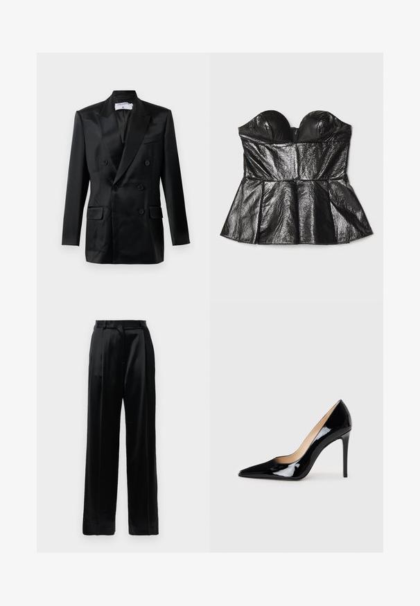 Blazer de satén negro de corte cruzado con solapas en pico, cuatro botones, dos bolsillos con solapa y un bolsillo en el pecho, etiquetado "Filippa K."; Sara Battaglia SWEETHEART - Top - black; Pantalones de satén negros de tiro alto con piernas anchas rectas, presillas para cinturón y cierre frontal plano sobre un fondo blanco liso.; Zapato de tacón alto de charol negro con un diseño de punta afilada y una silueta elegante. Presenta un acabado suave y brillante y un tacón de aguja esbelto.
