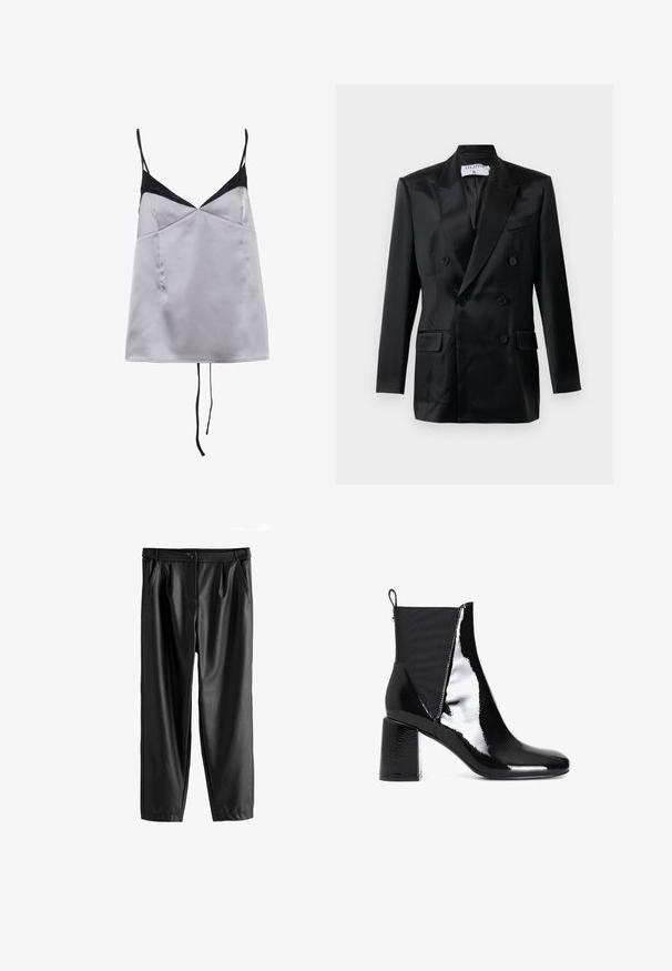 Sort satin dobbeltbrystet blazer med spidse klapkraver, fire knapper, to klaplommer og en brystlomme, mærket "Filippa K."; Satin cami i lys grå med sorte accenter og tynde stropper. Har en V-hals, glat tekstur og en afslappet pasform.; Sorte faux læderbukser med høj talje, frontknaplukning, sidelommer og en afslappet tapered pasform.; CAFèNOIR Støvletter - black