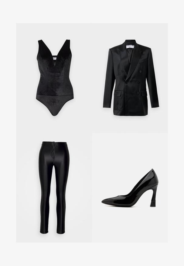 Blazer noir en satin à double boutonnage avec des revers en pointe, quatre boutons, deux poches à rabat et une poche poitrine passepoilée, étiqueté "Filippa K."; Bodysuit noir avec un décolleté en V profond, fabriqué en matériau doux et extensible, doté de larges bretelles et d'une silhouette ajustée.; WAL G. AMI TROUSER - Pantalon classique - black; Escarpin en cuir verni noir à talon haut, avec un bout pointu et un talon bloc, présentant un accent logo. Texture de surface lisse et brillante.