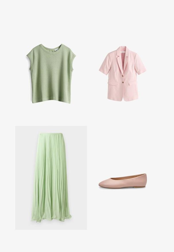 Lichtroze linnen blazer met korte mouwen, notch-revers, twee knopen en twee voorzakken met klep, gestyled voor een formele of casual look.; Korte mouwen, lichtgroen top gemaakt van textuurstof, met een ronde halslijn en een losse pasvorm met rechte zoom.; Lichtgroene geplooide lange rok van lichte stof met elastische tailleband, weergegeven tegen een witte achtergrond.; Roze leren ballerina met een puntige neus, gladde textuur, minimale accenten en een effen lichtbruine zool. Eenvoudig ontwerp, zonder versieringen.