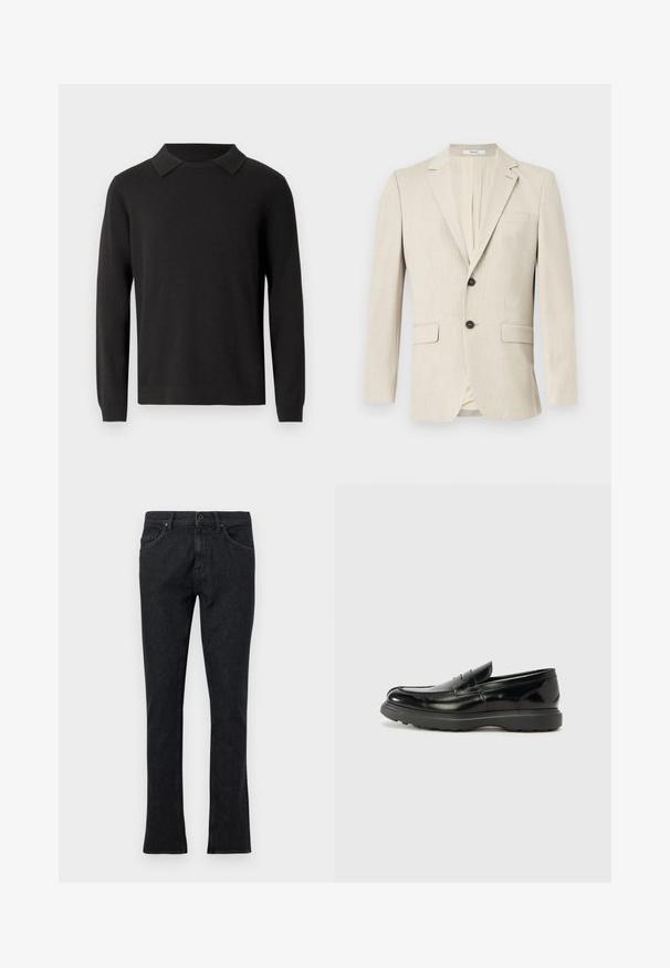 Μπεζ ανδρικό σακάκι μονόρεβο με πέτο, δύο εμπρόσθιες τσέπες με καπάκι, μία τσέπη στο στήθος και κλείσιμο με ένα κουμπί.; Μαύρο μάλλινο πουλόβερ με μακριά μανίκια και επίπεδο γιακά, φτιαγμένο από μαλακό ύφασμα, με ριμπ μανσέτες και στρίφωμα για άνετη εφαρμογή.; Μαύρο τζιν με ίσια γραμμή και κλείσιμο με εμπρόσθιο κουμπί και φερμουάρ, σχέδιο με πέντε τσέπες και θηλιές για ζώνη σε απλό φόντο.; Μαύρο δερμάτινο λούστρο με γυαλιστερή φινίρισμα, στρογγυλή μύτη, διακριτικές ραφές και παχύ καουτσούκ σόλα για ανθεκτικότητα.